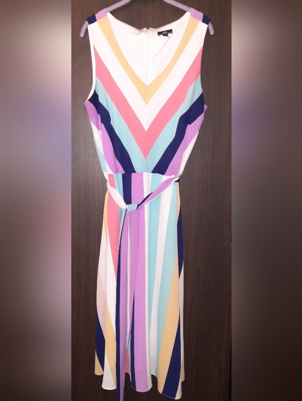 R&K Sleeveless Multi-Color Stripe Midi Dress with Tie Belt